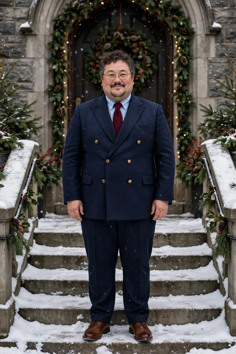 Navy Double-Breasted Suit with Light Blue Dress Shirt, Crimson Tie, and Brown Dress Shoes