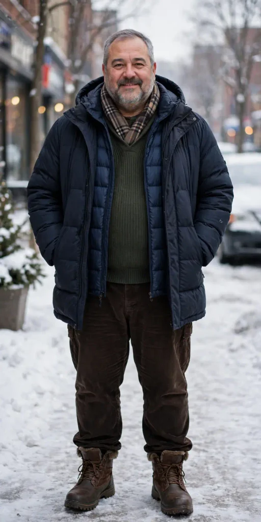 Navy Double Layer Puffer and Brown Corduroy