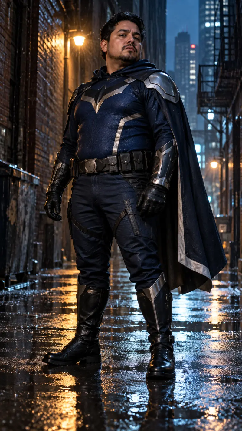Navy Hooded Cape, Silver-Trim Hero Top & Black Boots