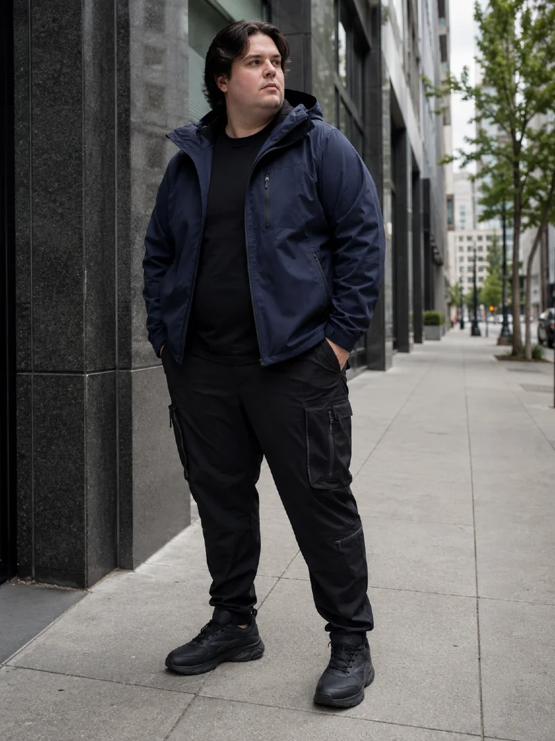 Navy Hooded Jacket and Black T-Shirt with Cargo Pants