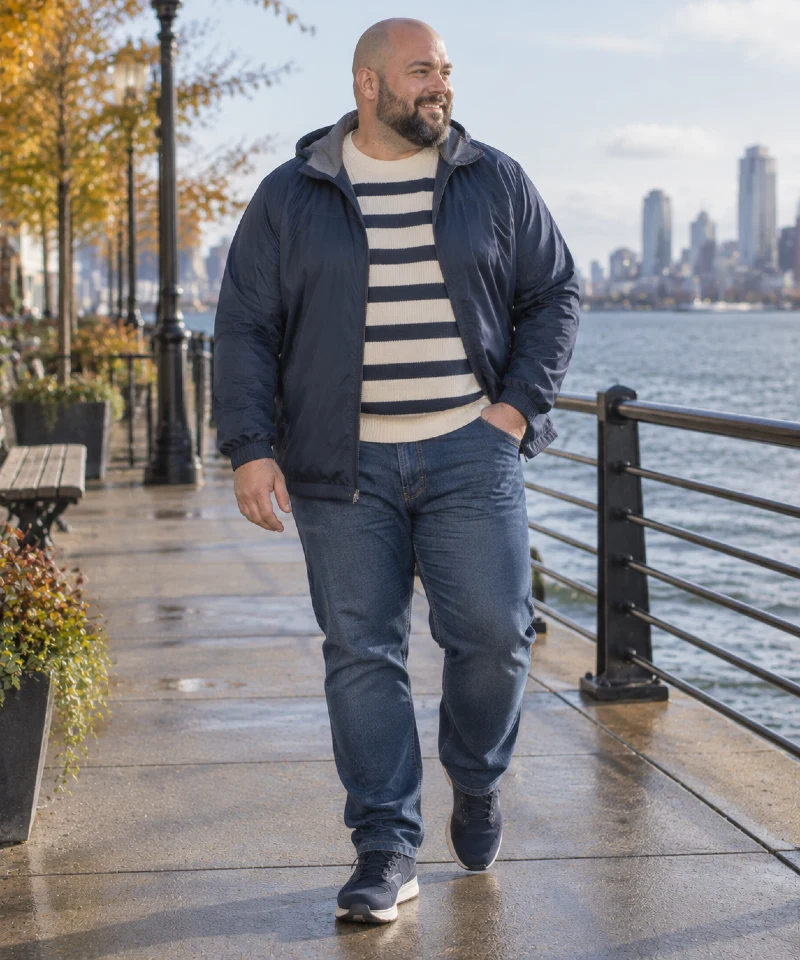 Navy Hooded Jacket with Striped Sweater, Blue Jeans