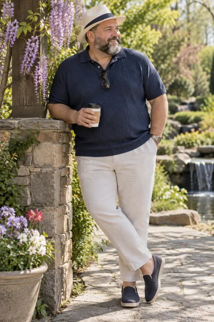 Navy Knit Polo And Light Trousers For Spring Afternoons