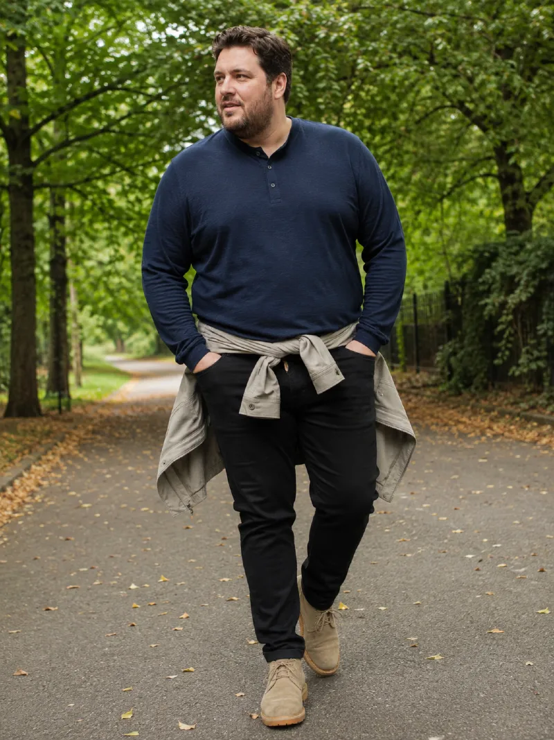 Navy Long-Sleeve Henley and Black Jeans