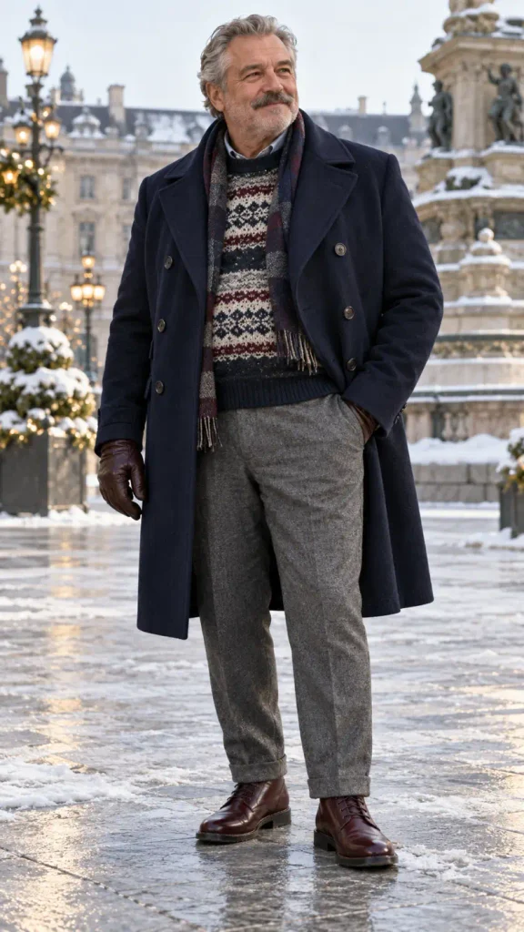 Navy Overcoat and Patterned Fair Isle Knit