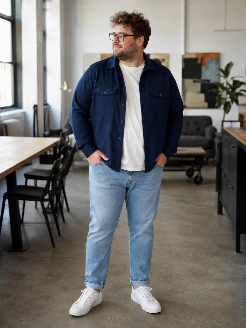 Navy Overshirt, White T-Shirt, and Light Jeans