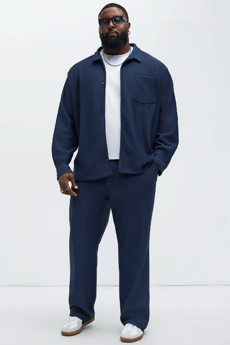 Navy Overshirt, White T-Shirt, and Matching Navy Pants