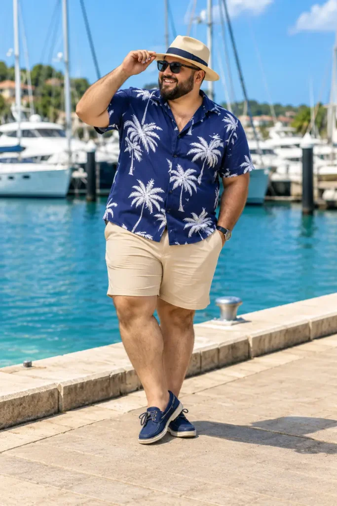 Navy Palm Print Shirt With Classic Khaki Shorts