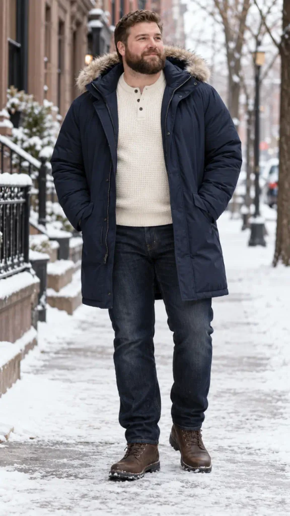 Navy Parka with Fur Hood and Cream Henley