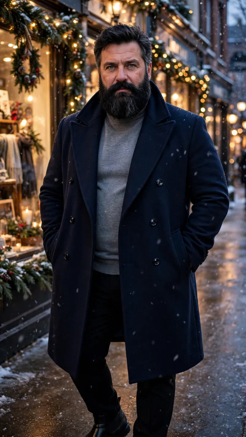 Navy Pea Coat with Grey Mock Neck Sweater and Black Trousers