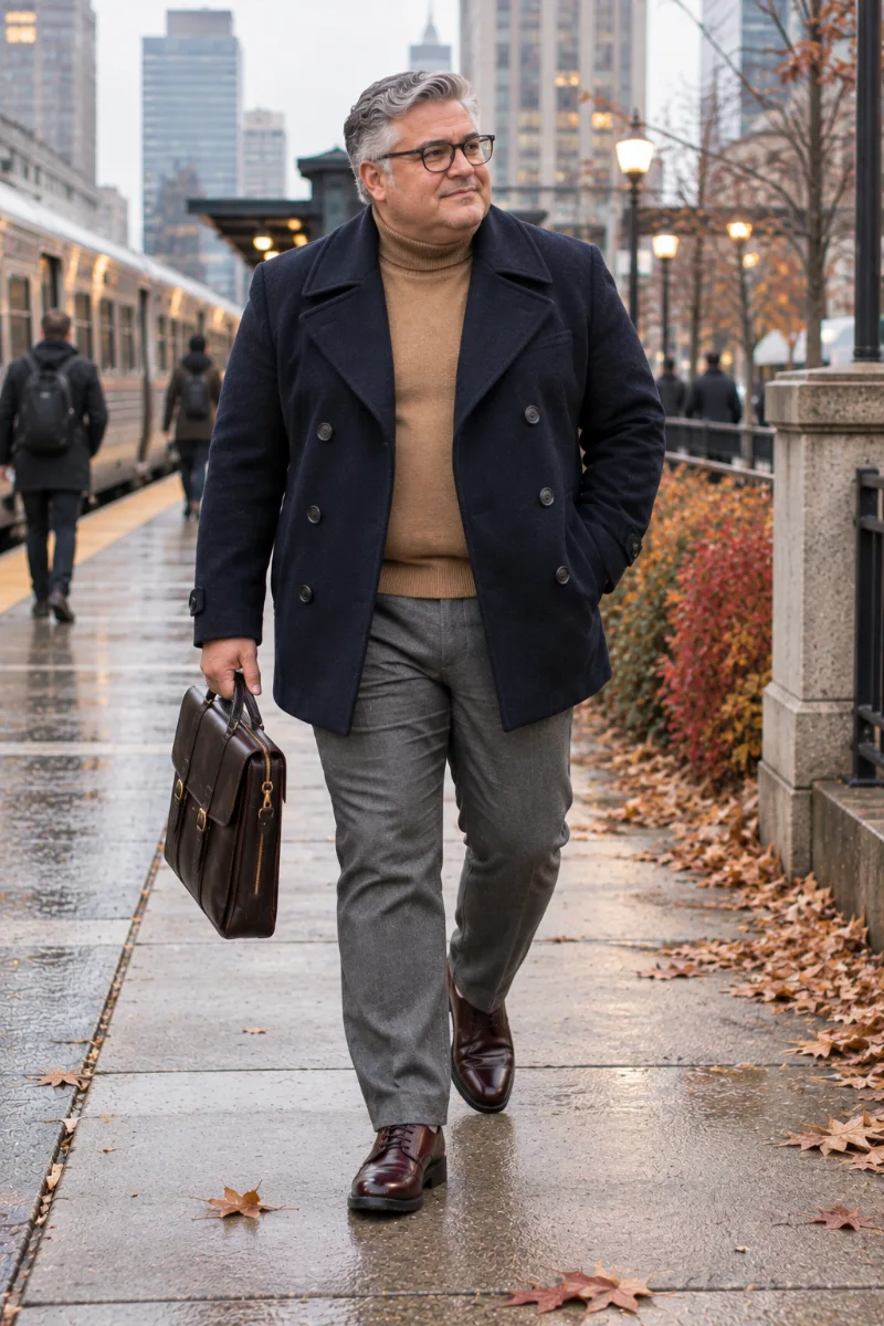 Navy Peacoat With Camel Turtleneck and Gray Trousers