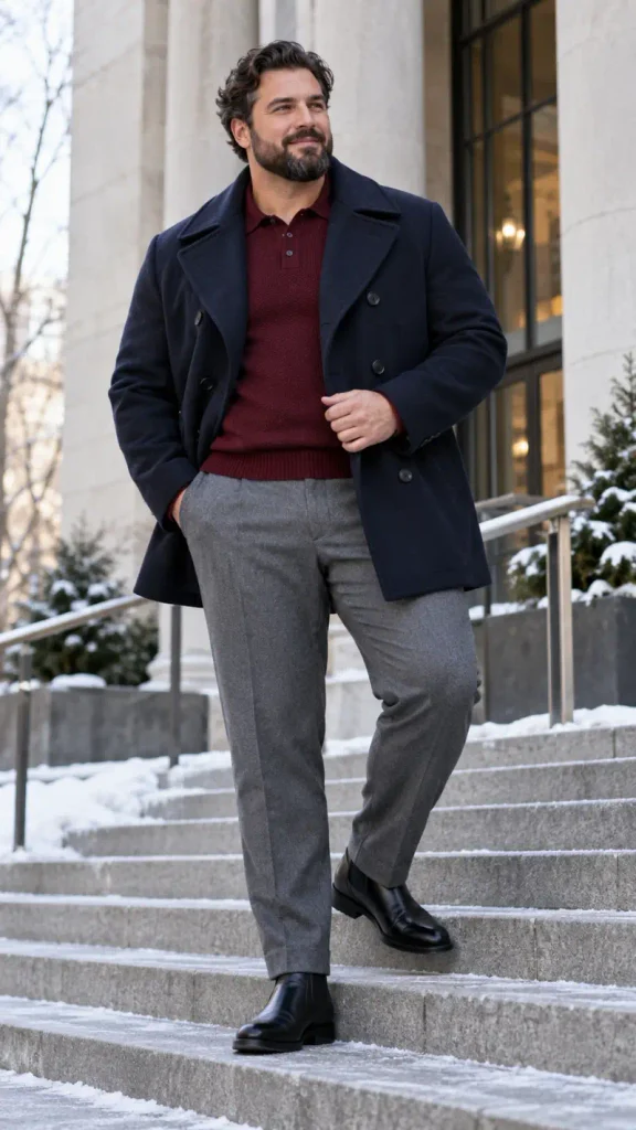 Navy Peacoat and Burgundy Knit
