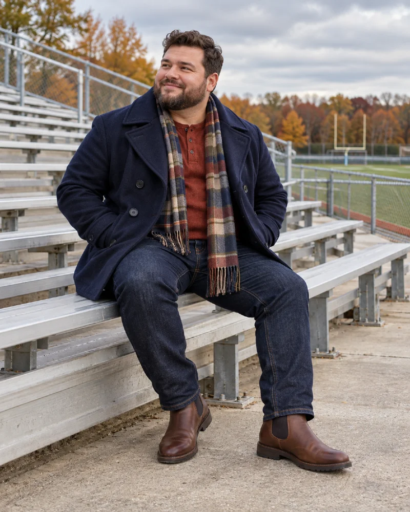 Navy Peacoat and Scarf Layering for Chilly Football Games