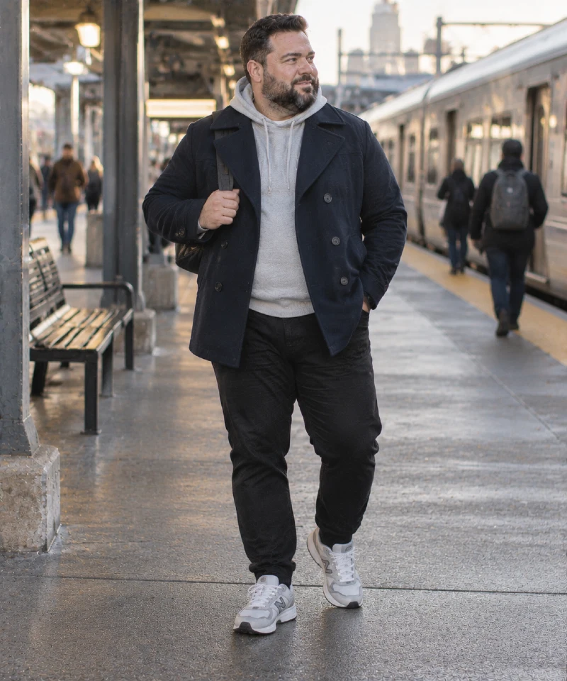 Navy Peacoat with Gray Hoodie, Black Pants, and White Sneakers