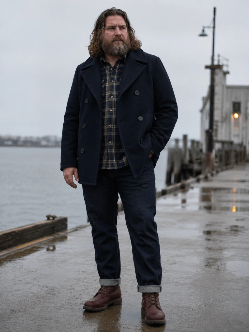 Navy Peacoat with Plaid Flannel Shirt and Dark Jeans