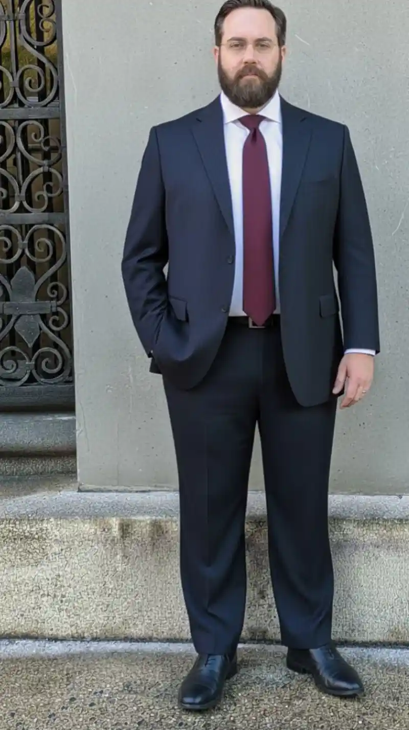 Navy Pinstripe Suit, White Shirt, and Burgundy Tie