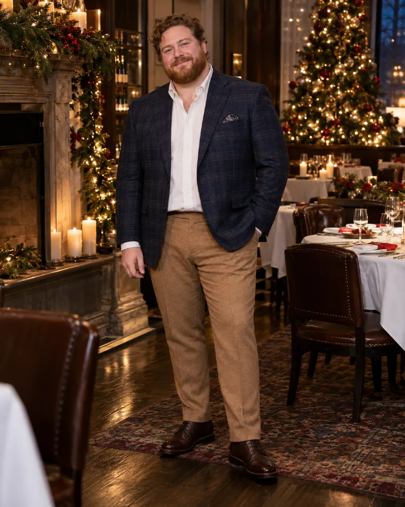 Navy Plaid Blazer with White Dress Shirt, Tan Trousers, and Brown Leather Shoes