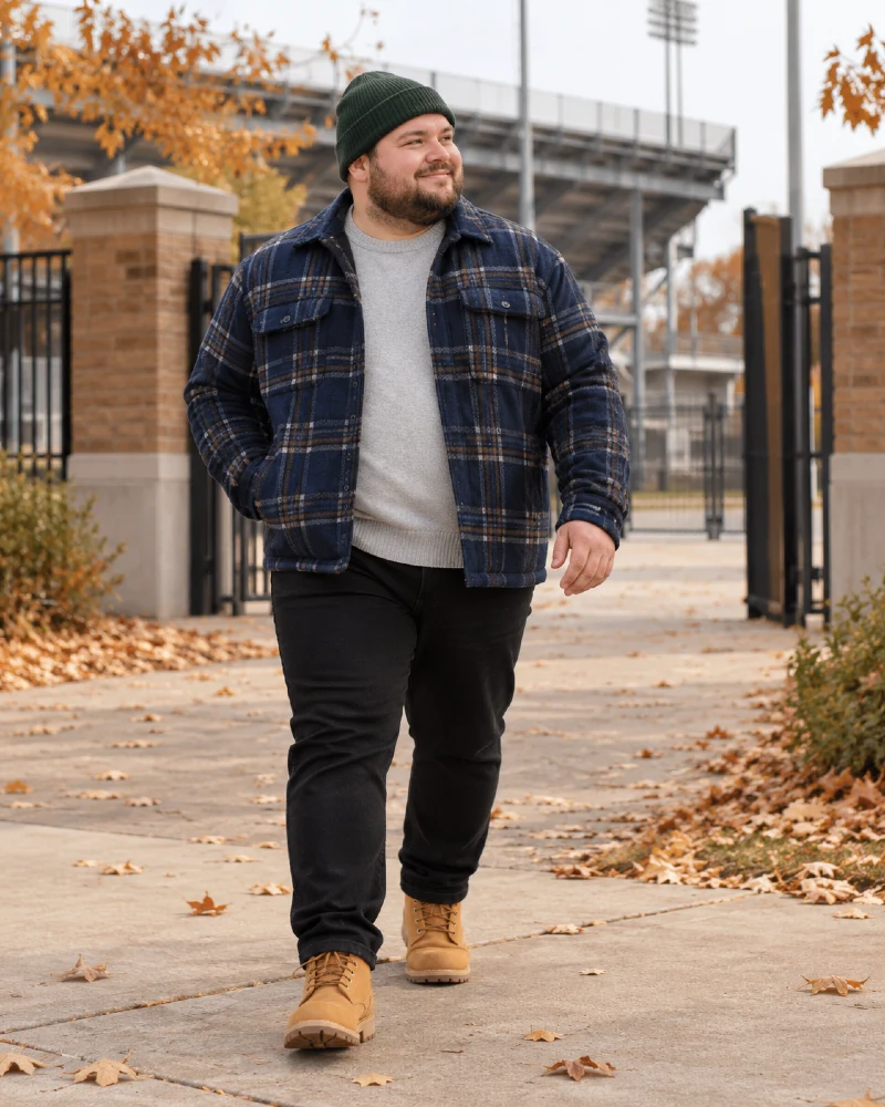 Navy Plaid Overshirt and Gray Sweater for a Fall Football Game