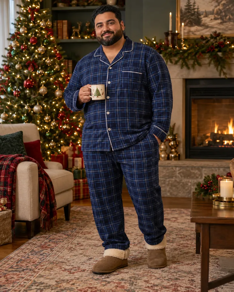 Navy Plaid Pajama Set With an Easy Button-Front Fit