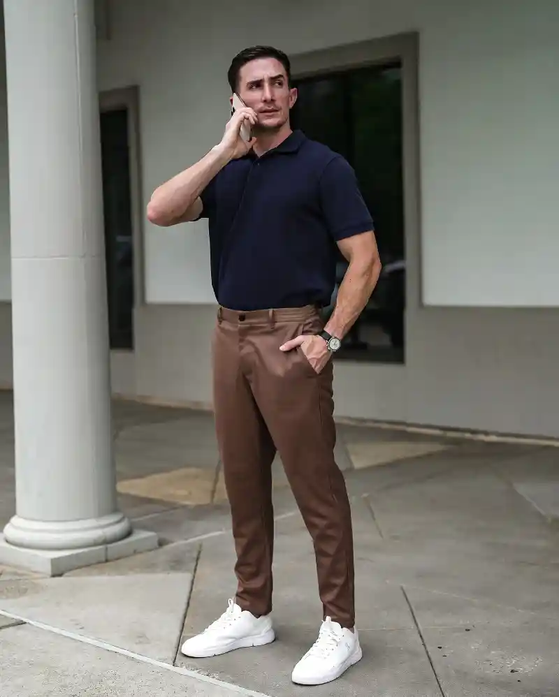 Navy Polo Shirt and Brown Trousers