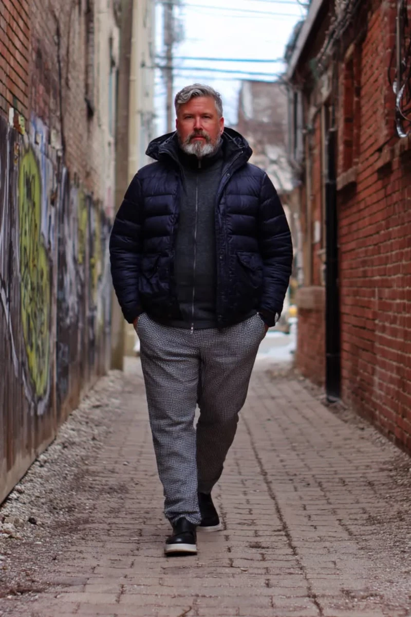 Navy Puffer Jacket With Gray Trousers