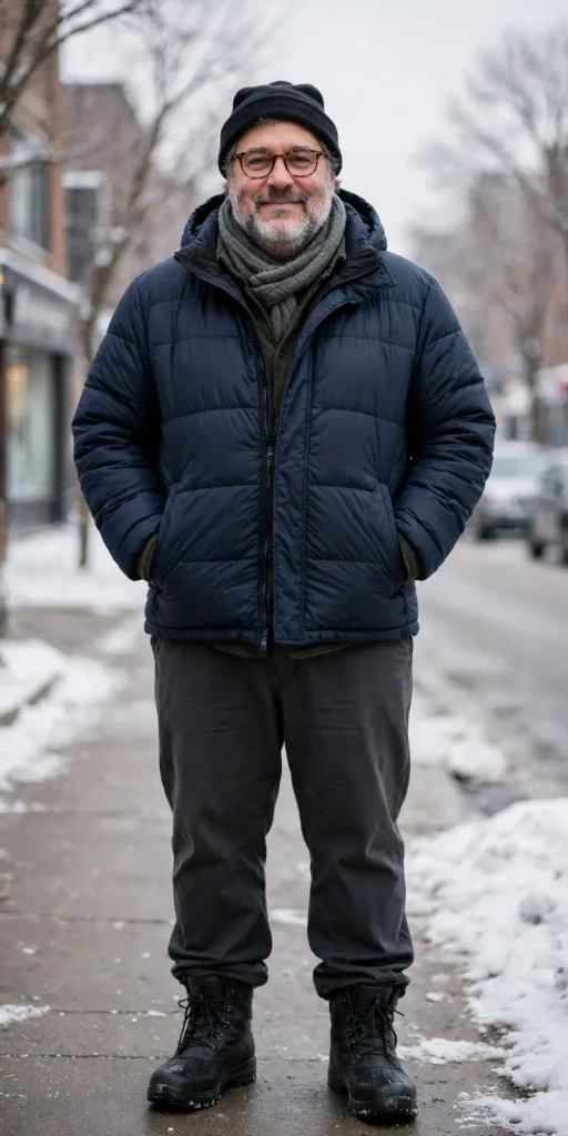 Navy Puffer Jacket and Charcoal Trousers