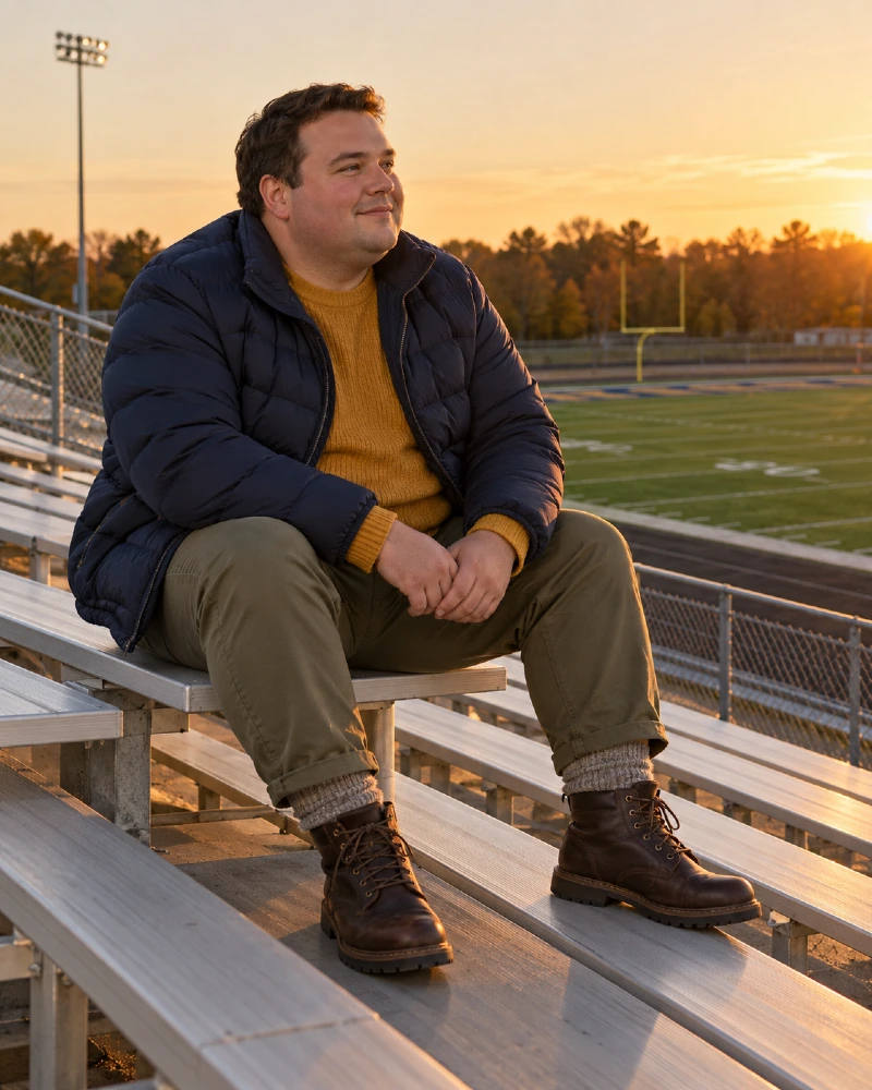 Navy Puffer Jacket and Mustard Sweater for a Fall Football Game