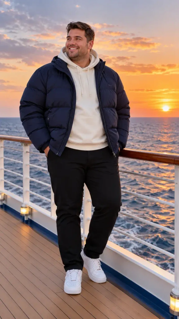 Navy Puffer Jacket and Warm Cream Hoodie