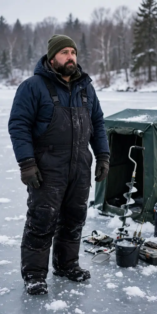 Navy Puffer Layered Under Heavy Duty Black Bibs