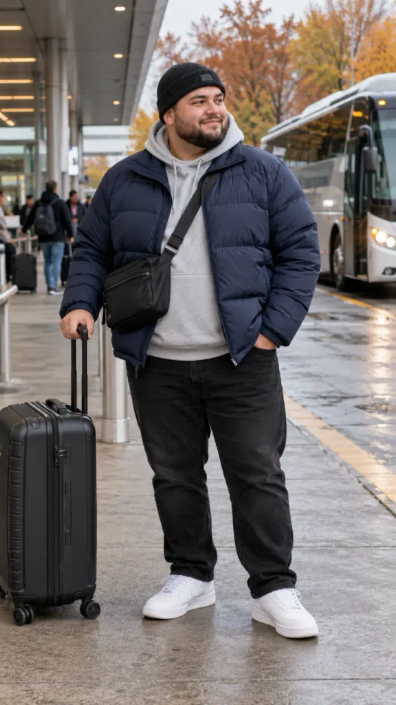 Navy Puffer Layering with Soft Grey Hoodie