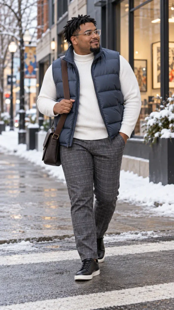  Navy Puffer Vest and Cream Ribbed Turtleneck