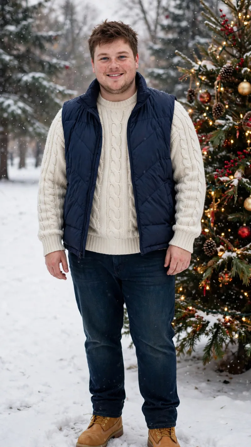 Navy Puffer Vest with Cream Cable-Knit Sweater and Blue Jeans