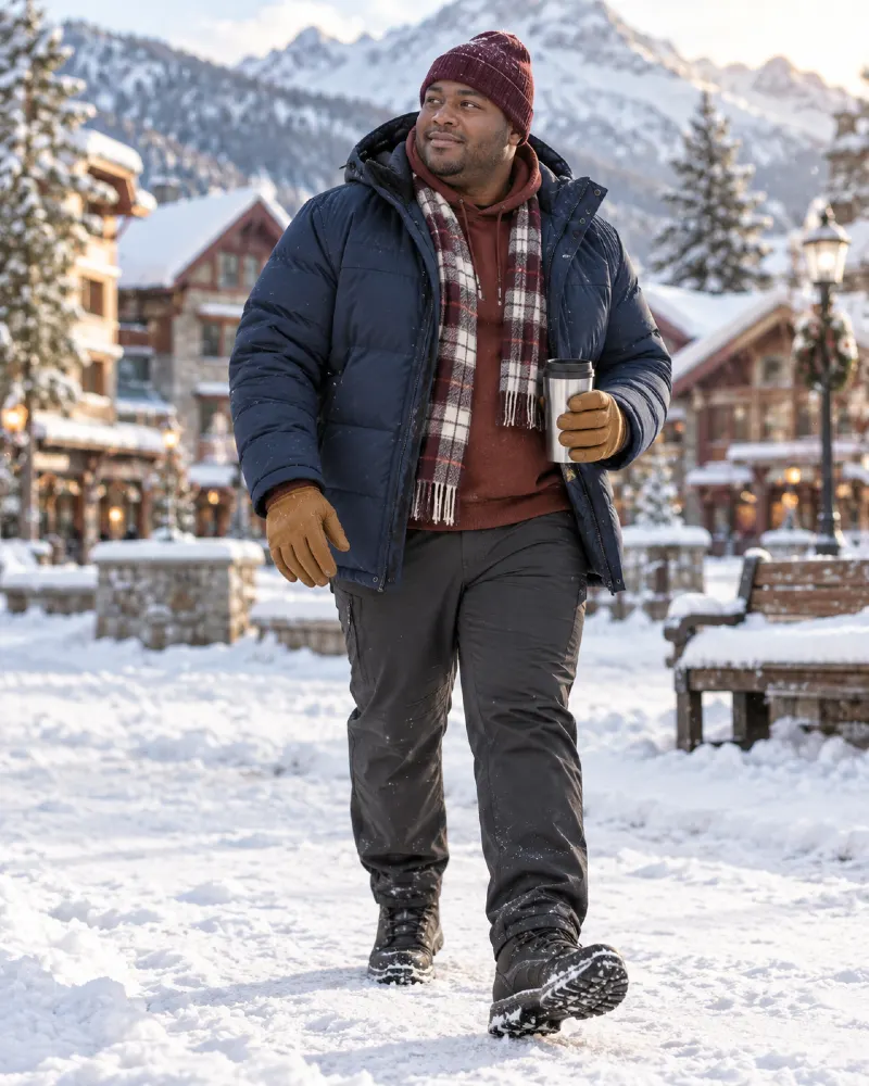 Navy Puffer and Burgundy Hoodie Layering