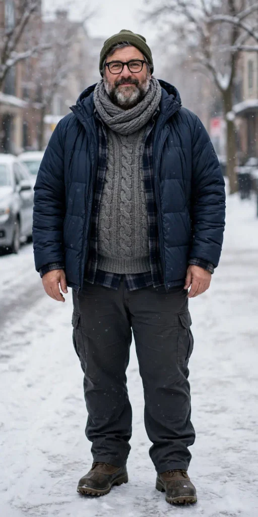 Navy Puffer and Layered Cable Knit