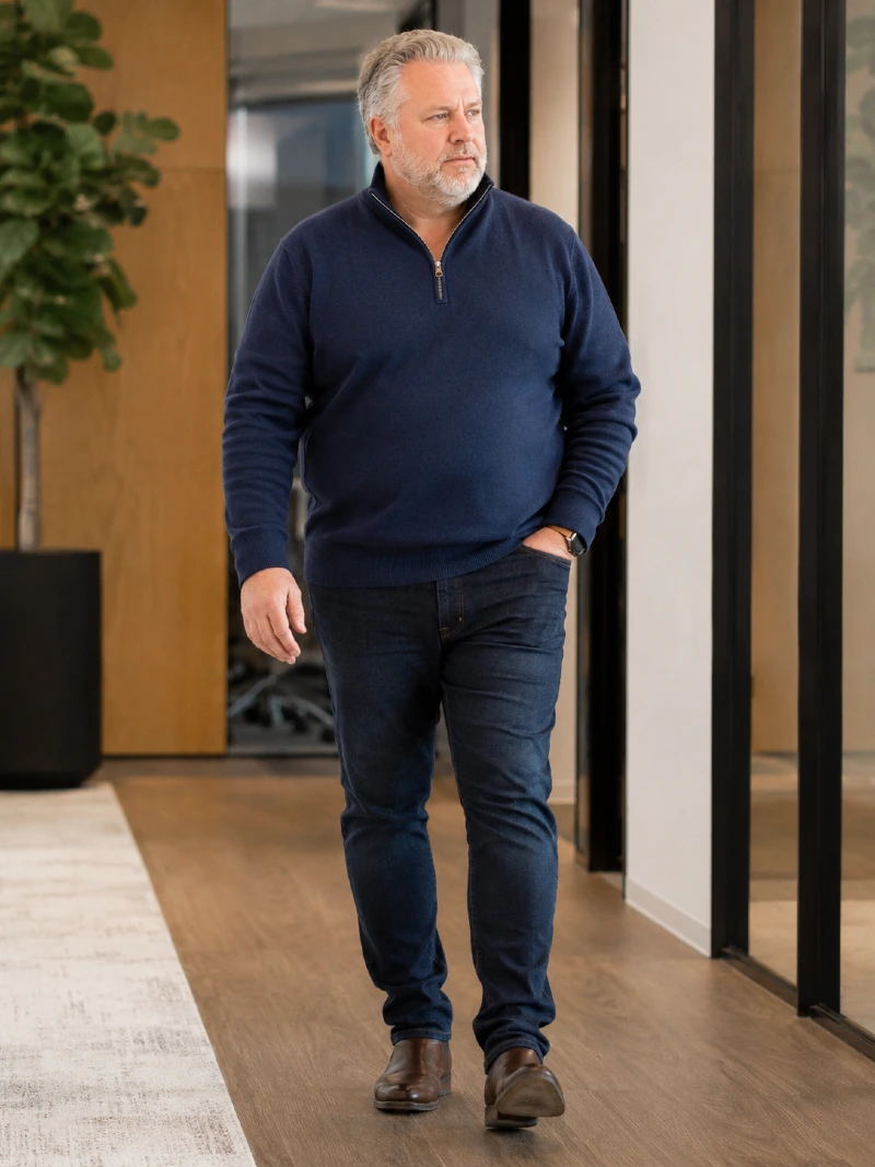 Navy Quarter-Zip Sweater and Dark Jeans
