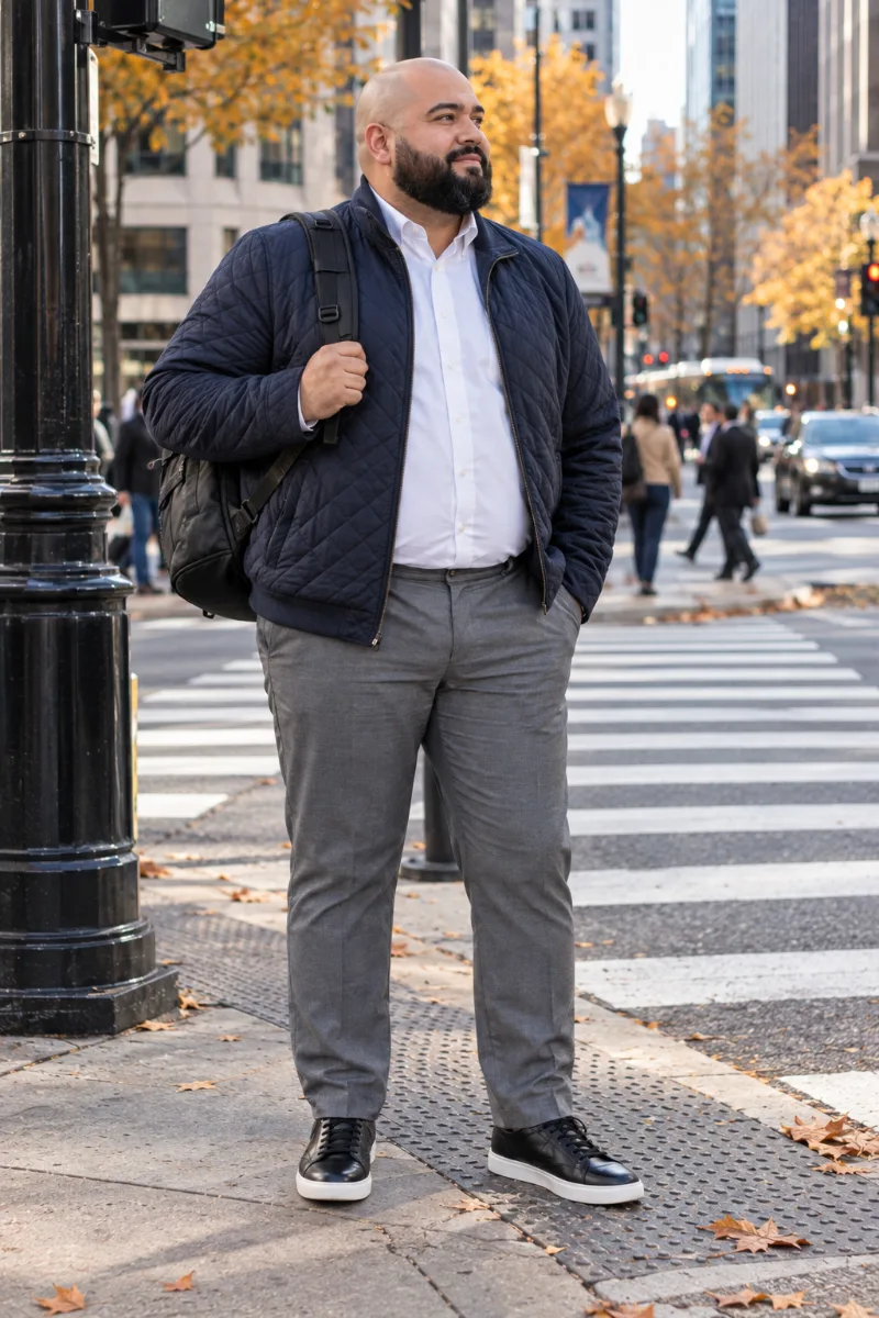Navy Quilted Jacket With White Shirt and Gray Trousers