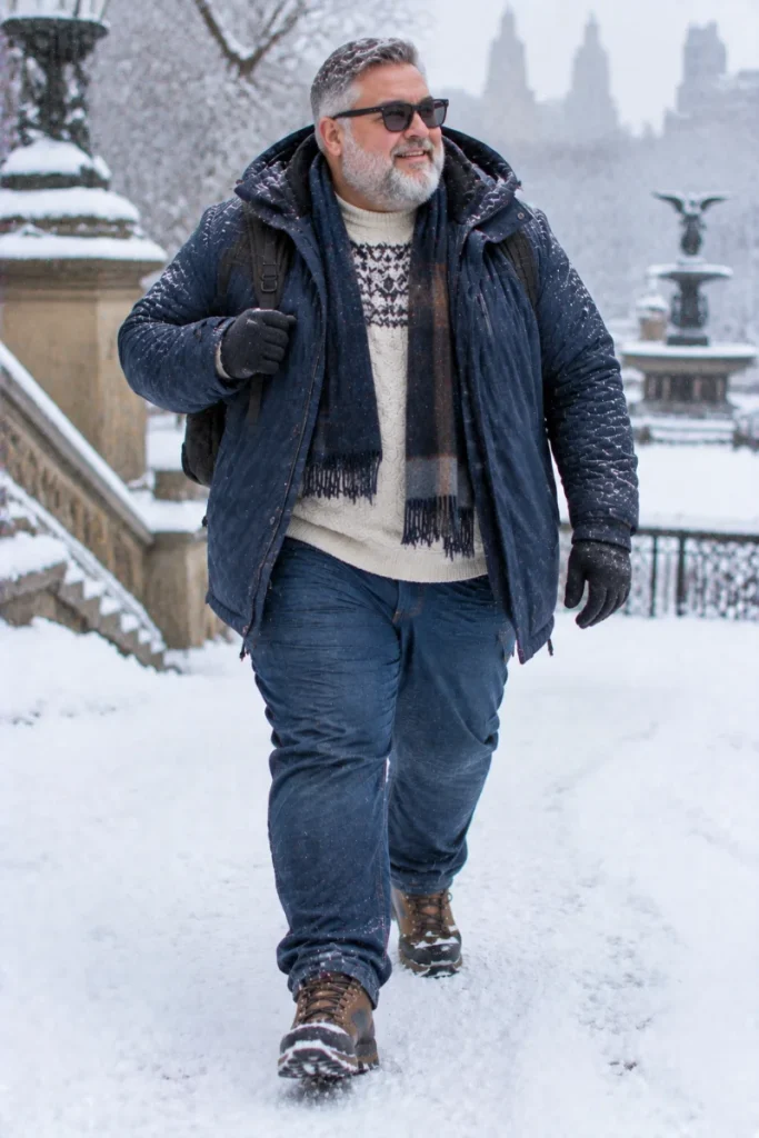 Navy Quilted Parka and Nordic Cream Sweater