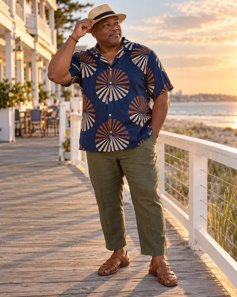 Navy Retro Fan Print Shirt with Olive Linen Trousers