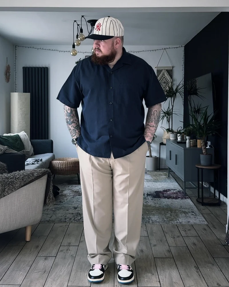 Navy Short-Sleeve Button-Down Shirt and Beige Trousers