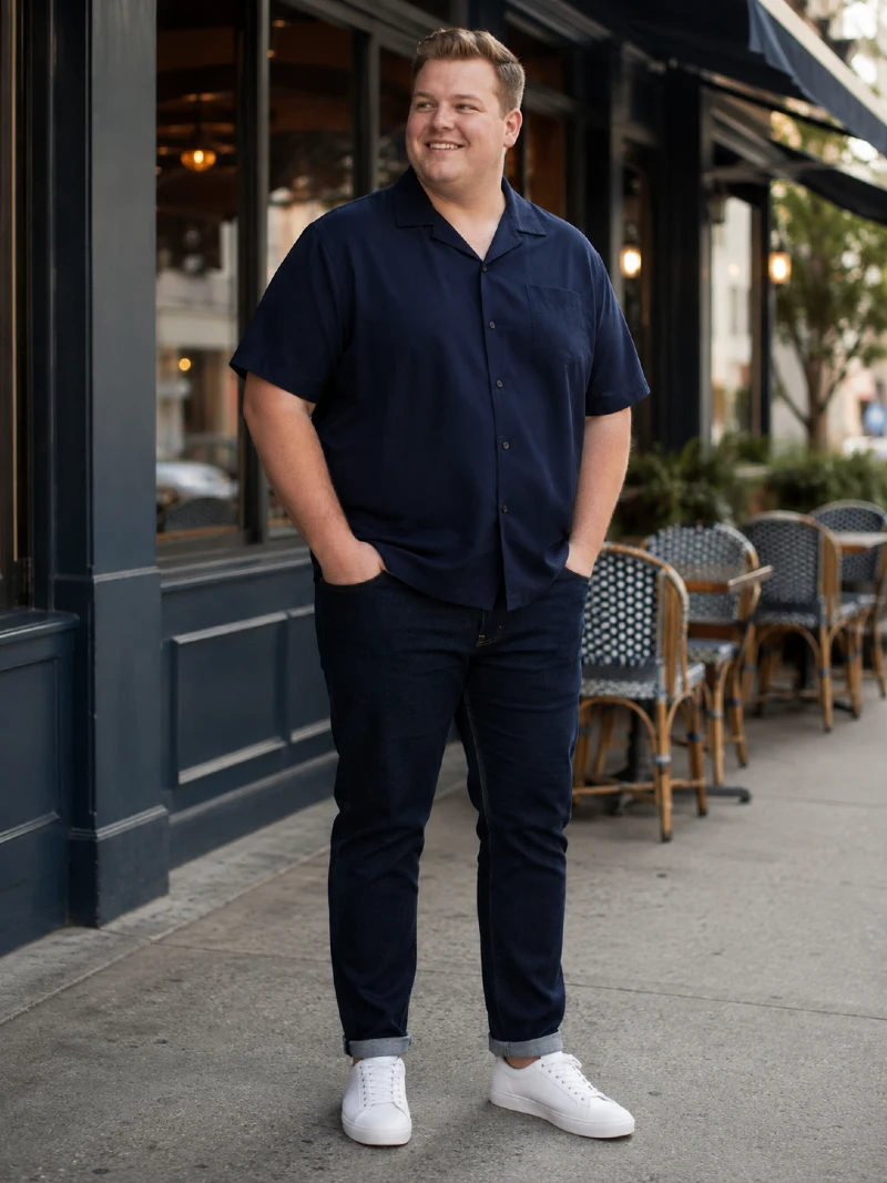 Navy Short Sleeve Shirt and Dark Jeans