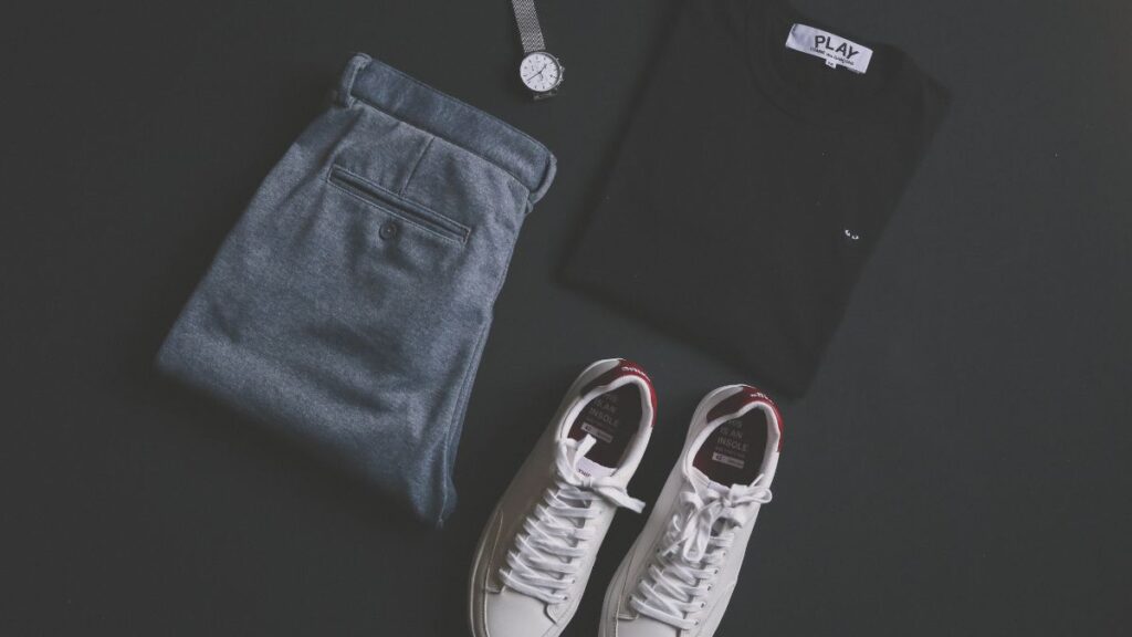 Navy Stretch Chinos, Khaki Jogger Chinos, Dark-Wash Denim, and One Pair of Athletic Shorts