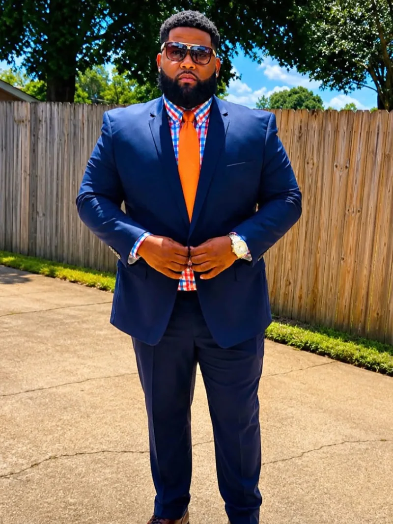 Navy Suit, Red-Blue Check Dress Shirt