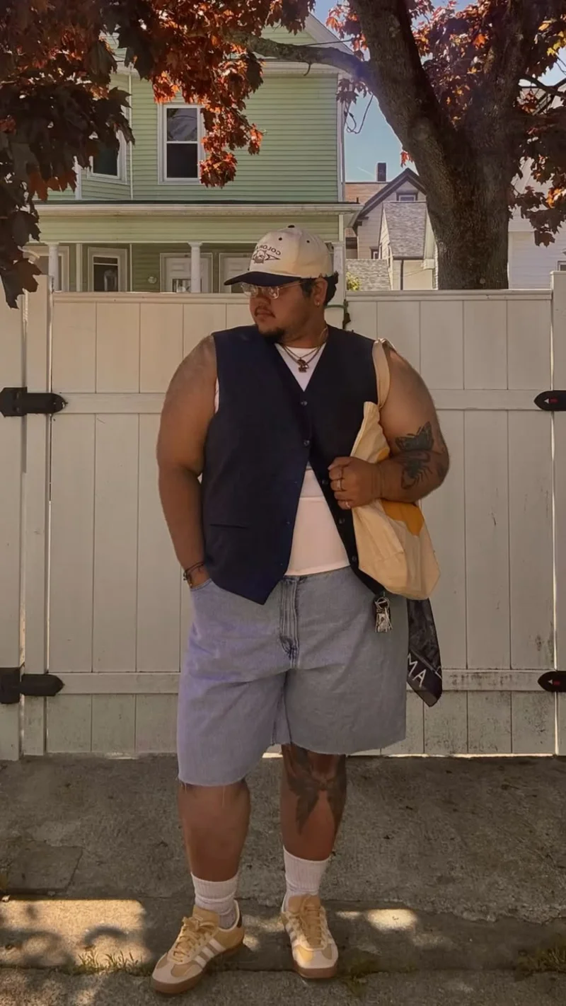 Navy Suit Vest, White Tank Top, and Denim Jorts