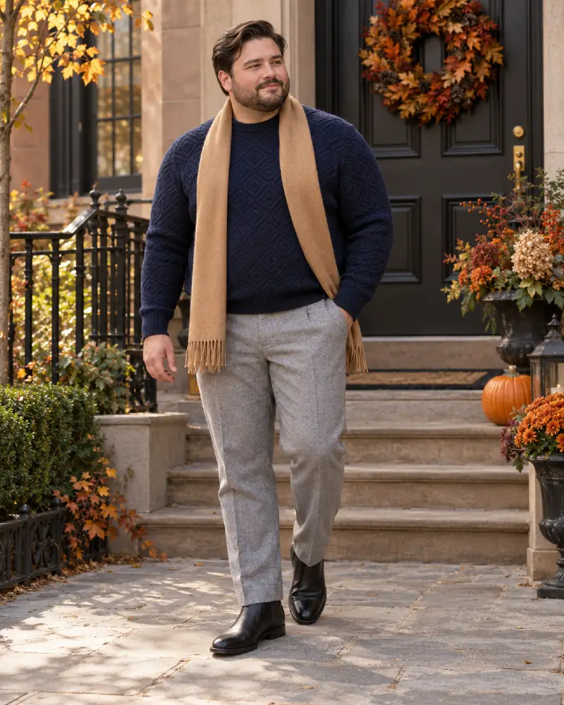 Navy Textured Knit with Camel Scarf