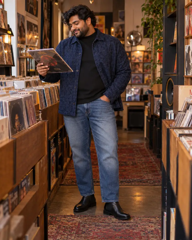Navy Textured Overshirt and Classic Blue Denim