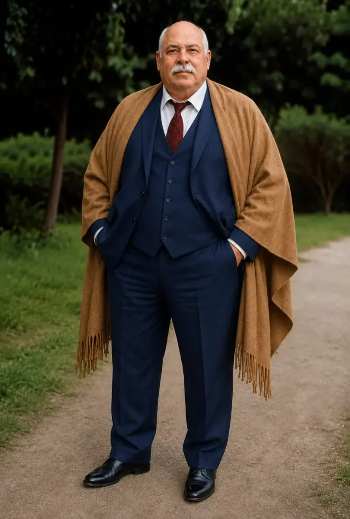 Navy Three Piece Suit With Draped Camel Shawl