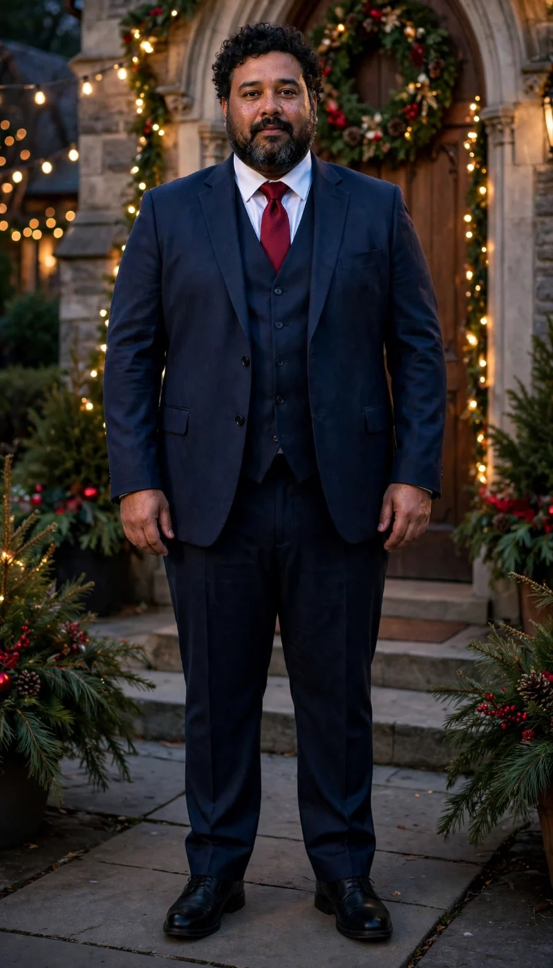 Navy Three-Piece Suit with White Dress Shirt, Crimson Red Tie, and Black Dress Shoes