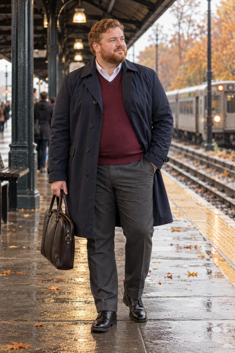 Navy Trench Coat With Burgundy Sweater and Gray Trousers