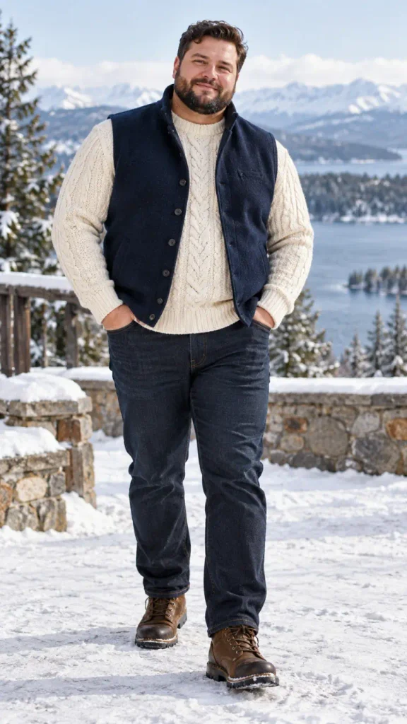 Navy Utility Vests and Chunky Cable Knit Sweaters