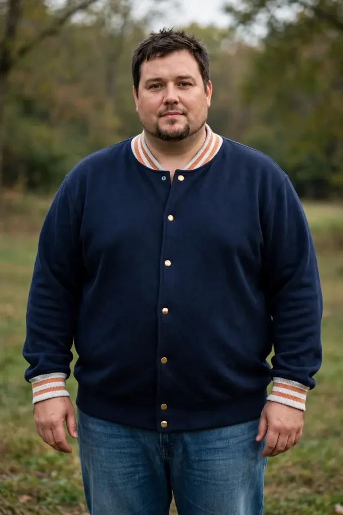 Navy Varsity Jacket with Striped Knit Cuffs