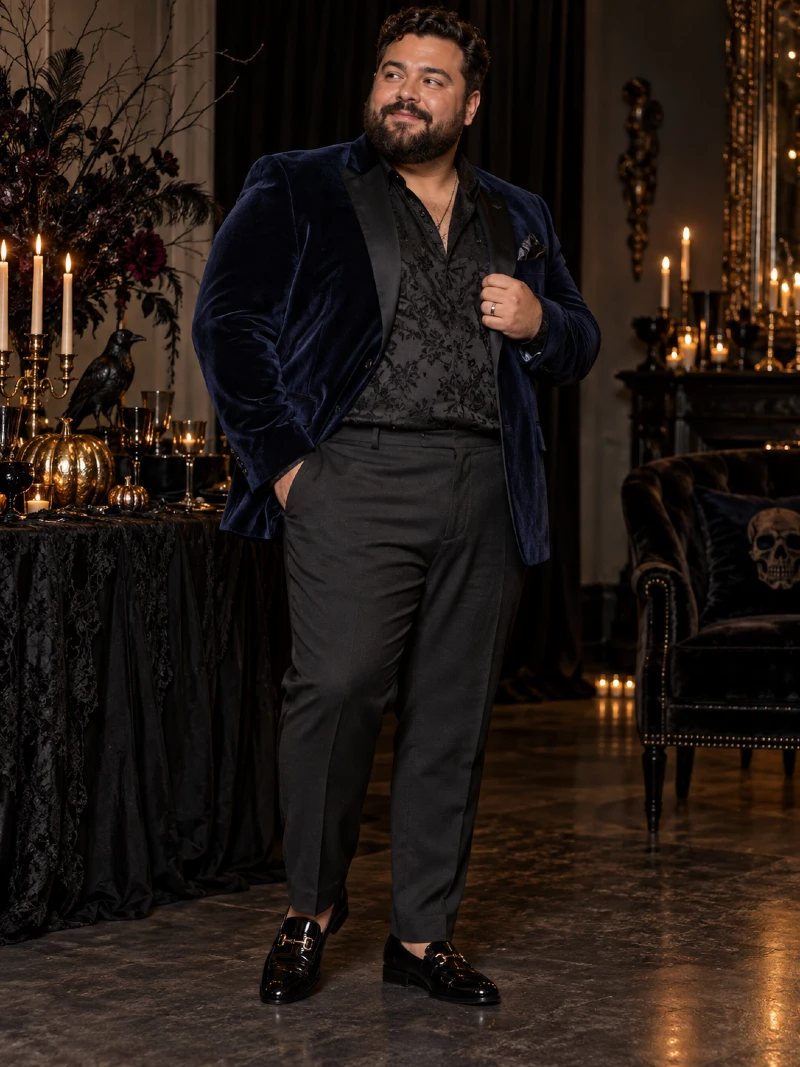 Navy Velvet Blazer With Patterned Black Shirt and Gray Trousers